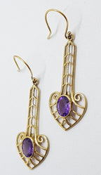 9ct Yellow Gold Long Amethyst Drop Earrings - Ornate / Filigree