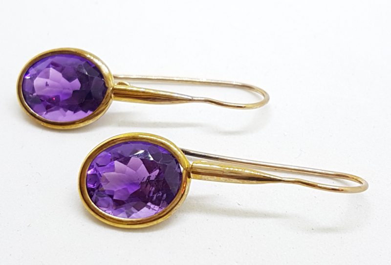 9ct Yellow Gold Long &amp; Large Oval Amethyst Drop Earrings