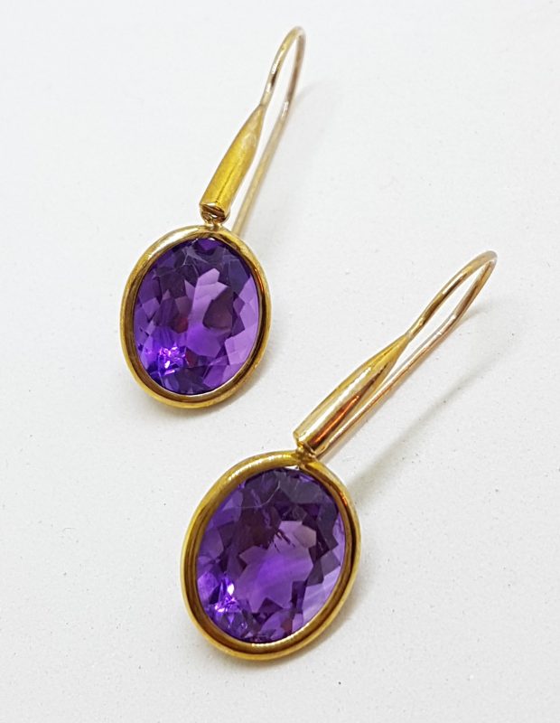 9ct Yellow Gold Long &amp; Large Oval Amethyst Drop Earrings