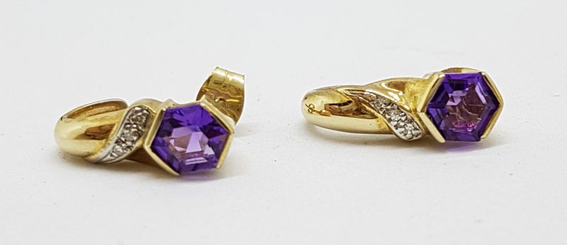9ct Yellow Gold Amethyst &amp; Diamond Stud Earrings