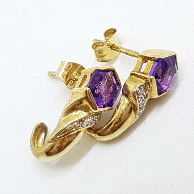 9ct Yellow Gold Amethyst &amp; Diamond Stud Earrings