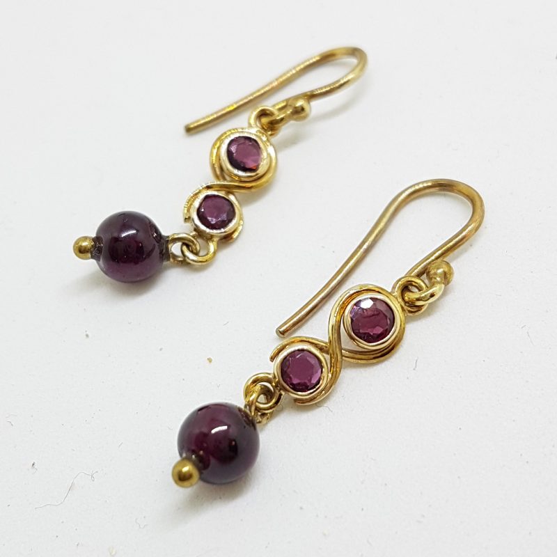 9ct Yellow Gold Handmade Twist Design Garnet Drop Earrings