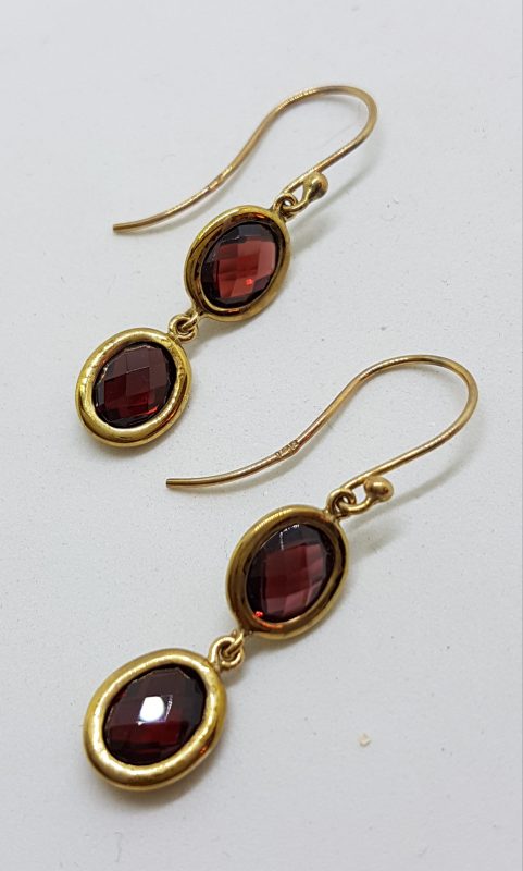 9ct Yellow Gold Long Oval Garnet Double Drop Earrings