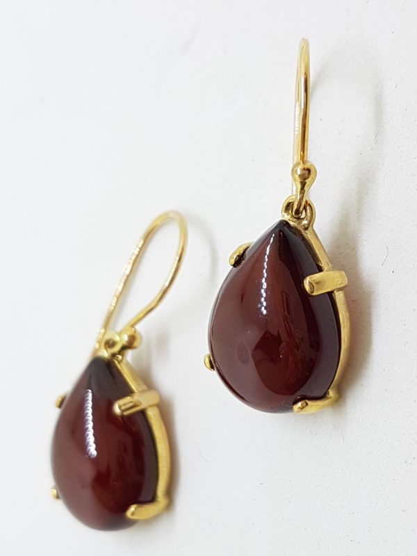9ct Gold Cabochon Cut Garnet Drop Earrings - Teardrop Shape