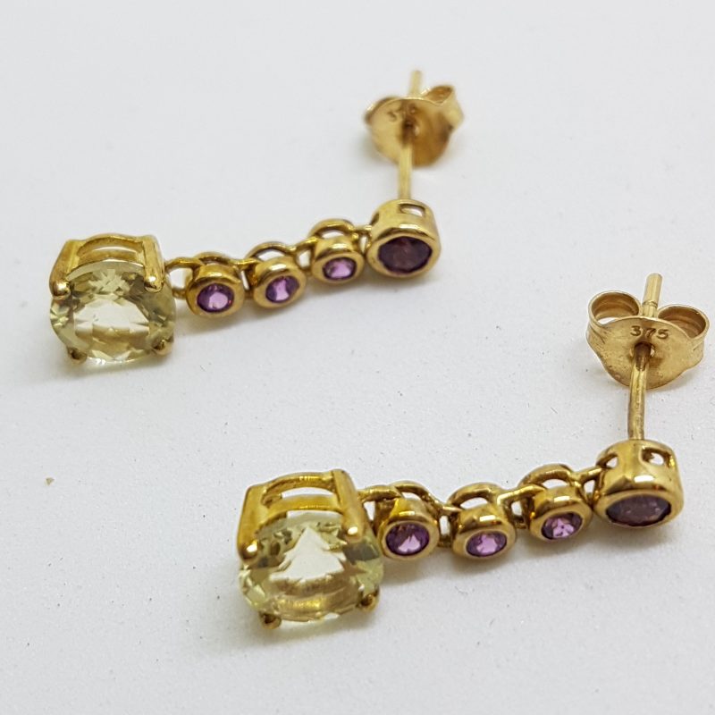 9ct Gold Rhodolite Garnet and Lemon Citrine Drop Earrings