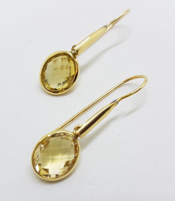 14ct Yellow Gold Oval Citrine Long Drop Earrings