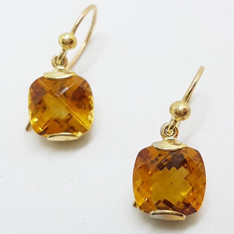 9ct Yellow Gold Square Citrine Drop Earrings