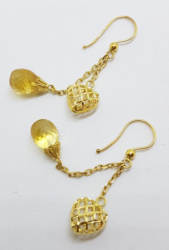 18ct Yellow Gold Ornate Teardrop Citrine Heart Chain Drop Earrings