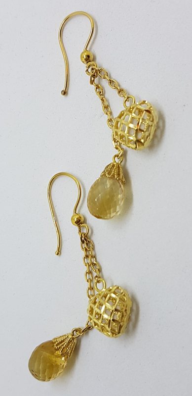 18ct Yellow Gold Ornate Teardrop Citrine Heart Chain Drop Earrings