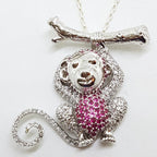 Sterling Silver Large Pink &amp; White Cubic Zirconia Monkey/Gorilla/Ape Pendant on Silver Chain