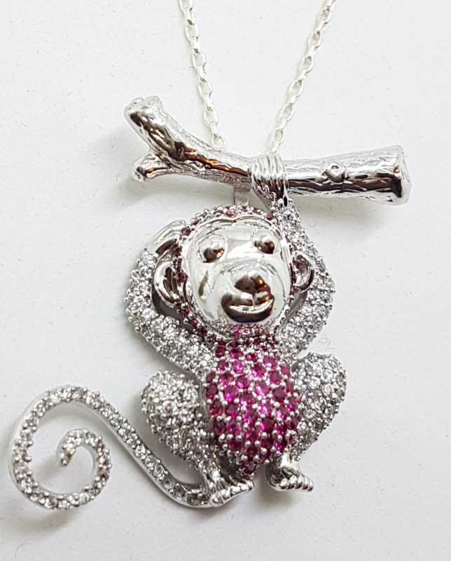 Sterling Silver Large Pink &amp; White Cubic Zirconia Monkey/Gorilla/Ape Pendant on Silver Chain
