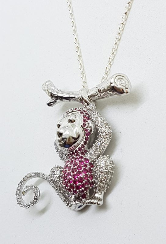 Sterling Silver Large Pink &amp; White Cubic Zirconia Monkey/Gorilla/Ape Pendant on Silver Chain
