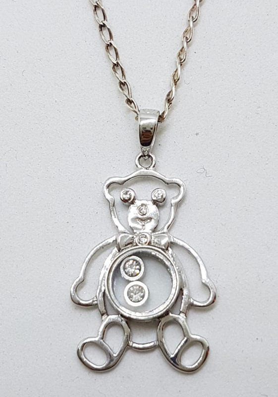 Sterling Silver Cubic Zirconia Teddy Bear Pendant on Silver Chain
