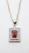 Sterling Silver Cubic Zirconia Red &amp; Clear Rectangular Pendant on Silver Chain