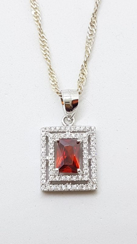 Sterling Silver Cubic Zirconia Red &amp; Clear Rectangular Pendant on Silver Chain