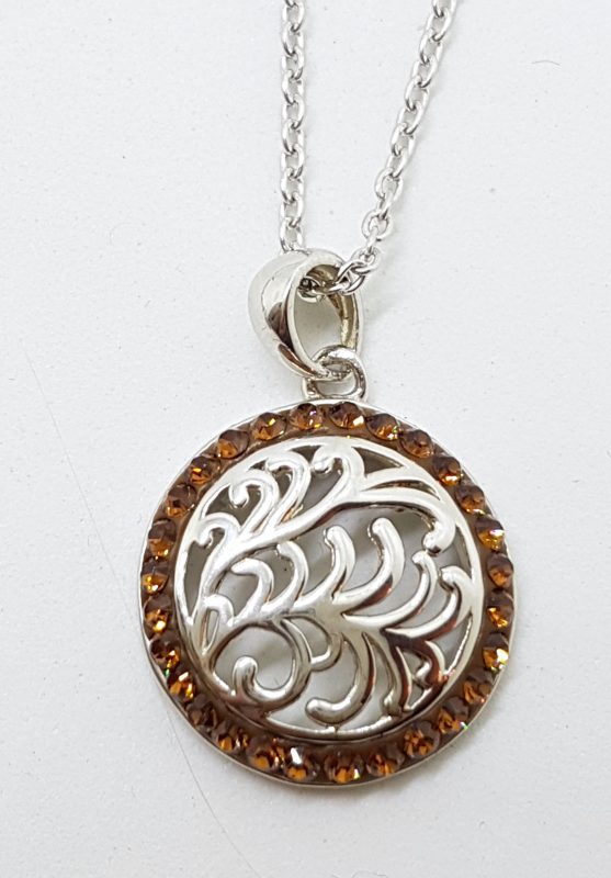 Sterling Silver Swarovski Crystal Brown Round Filigree Pendant on Silver Chain