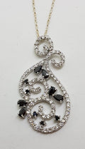 Sterling Silver Cubic Zirconia Black &amp; Clear Large Ornate Pendant on Silver Chain