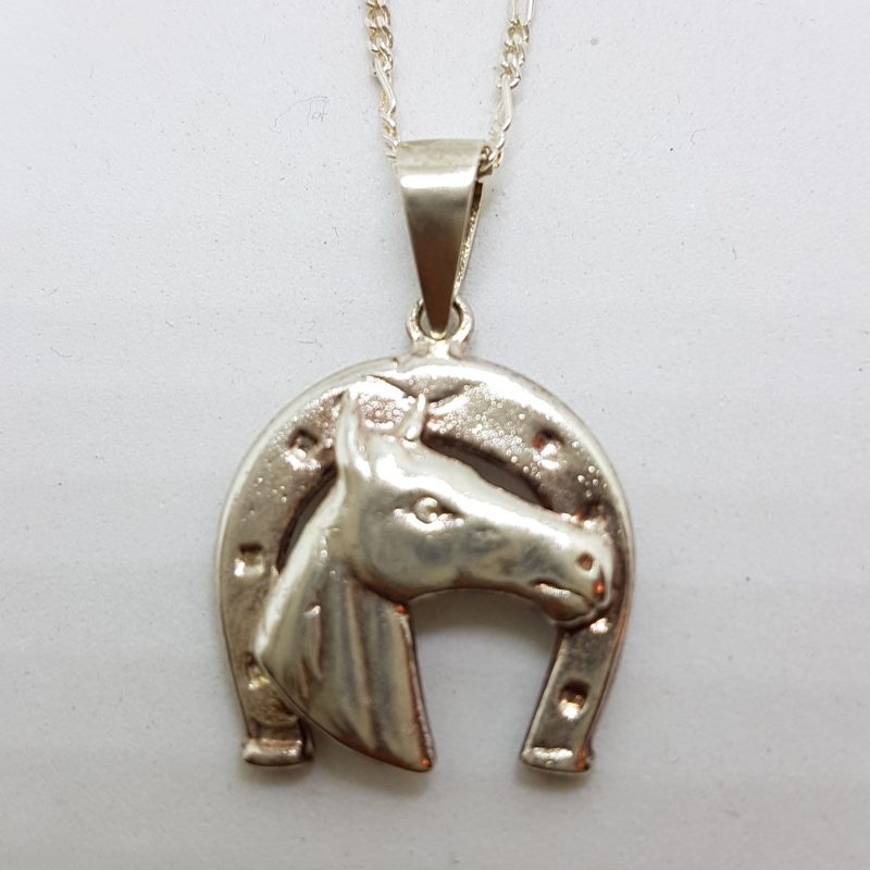 Sterling Silver Horse Head Horseshoe Pendant on Sterling Silver Chain