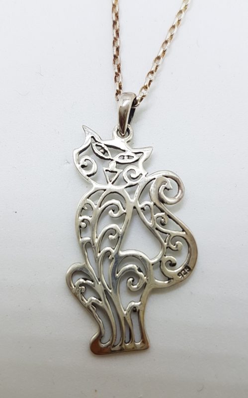Sterling Silver Cat Filigree Pendant on Silver Chain