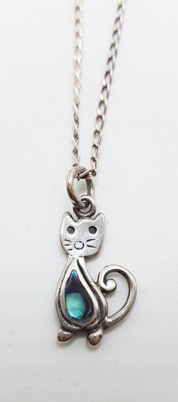 Sterling Silver Cat Paua Shell Pendant on Silver Chain