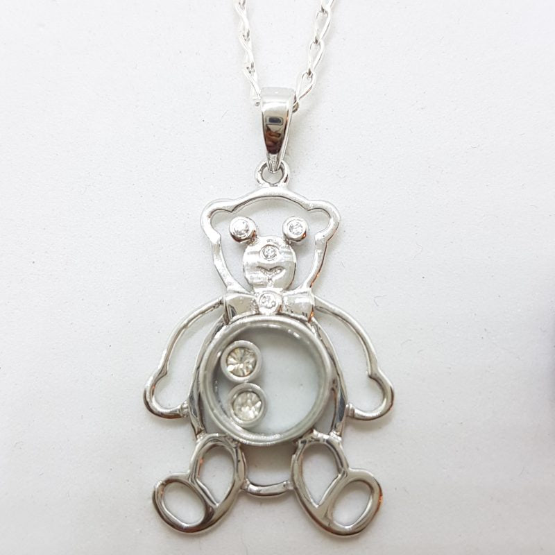 Sterling Silver Cubic Zirconia Teddy Bear Pendant on Silver Chain