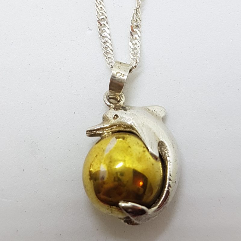 Sterling Silver Dolphin with Brass Ball Pendant on Silver Chain