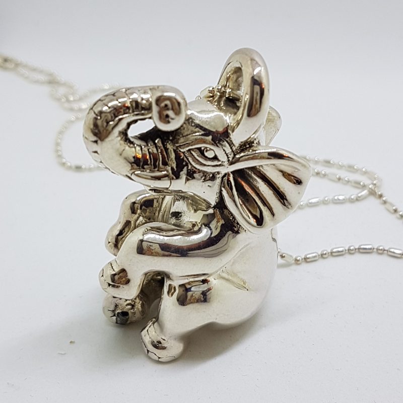 Sterling Silver Large Hollow Elephant Pendant on Silver Chain