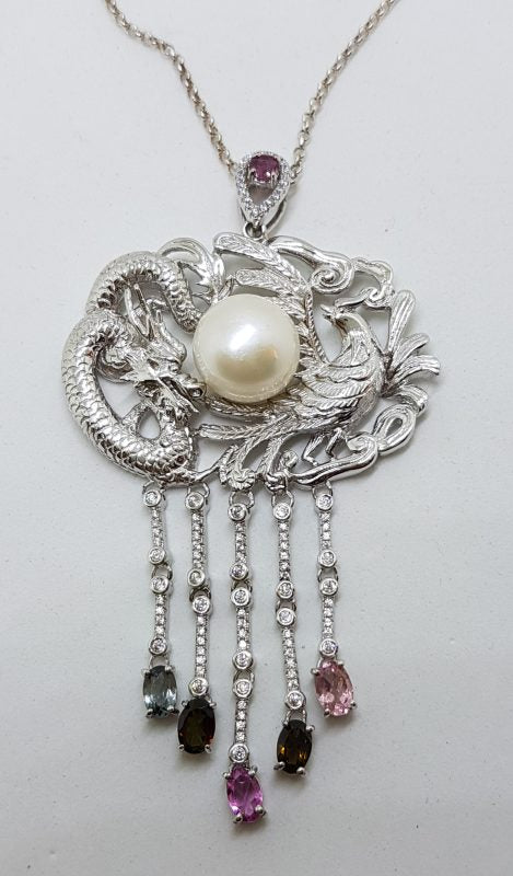 Sterling Silver Large Cubic Zirconia Phoenix &amp; Dragon Drop Pendant on Silver Chain
