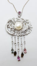 Sterling Silver Large Cubic Zirconia Phoenix &amp; Dragon Drop Pendant on Silver Chain