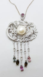 Sterling Silver Large Cubic Zirconia Phoenix &amp; Dragon Drop Pendant on Silver Chain