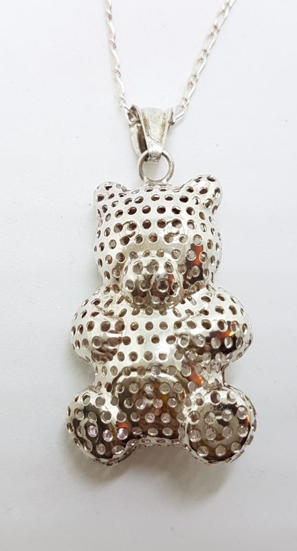 Sterling Silver Large Hollow Teddy Bear Pendant on Silver Chain