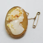 9ct Yellow Gold Oval Cameo Lady Brooch - Antique / Vintage
