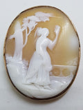 9ct Yellow Gold Large Oval Lady Scenery Cameo Brooch - Antique / Vintage
