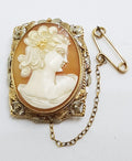 9ct Yellow Gold &amp; White Gold Rectangular Set Large Oval Lady Cameo Brooch - Ornate Leaf Motif - Antique / Vintage