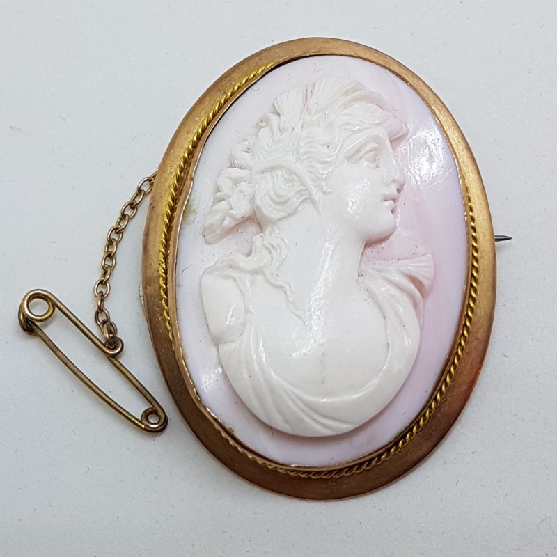 9ct Rose Gold Large Oval Lady Pink Cameo Brooch - Antique / Vintage