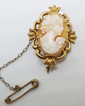 9ct Yellow Gold Ornate Design Oval Lady Cameo Brooch - Antique / Vintage