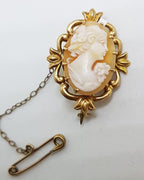 9ct Yellow Gold Ornate Design Oval Lady Cameo Brooch - Antique / Vintage