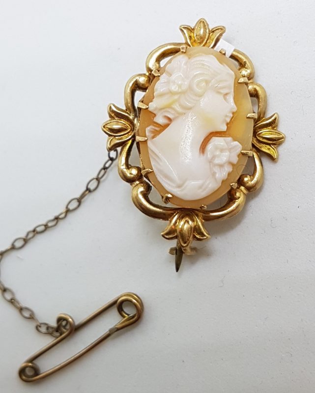 9ct Yellow Gold Ornate Design Oval Lady Cameo Brooch - Antique / Vintage