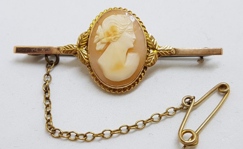 9ct Gold Ornate Oval Cameo Lady Head Bar Brooch