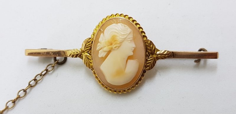 9ct Gold Ornate Oval Cameo Lady Head Bar Brooch