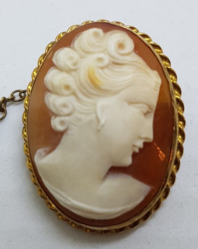 9ct Yellow Gold Twist Rim Oval Lady Cameo Brooch - Antique / Vintage