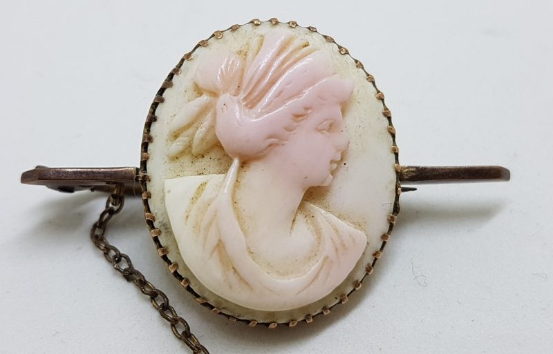 9ct Yellow Gold Round Pink Cameo Bar Brooch - Antique / Vintage