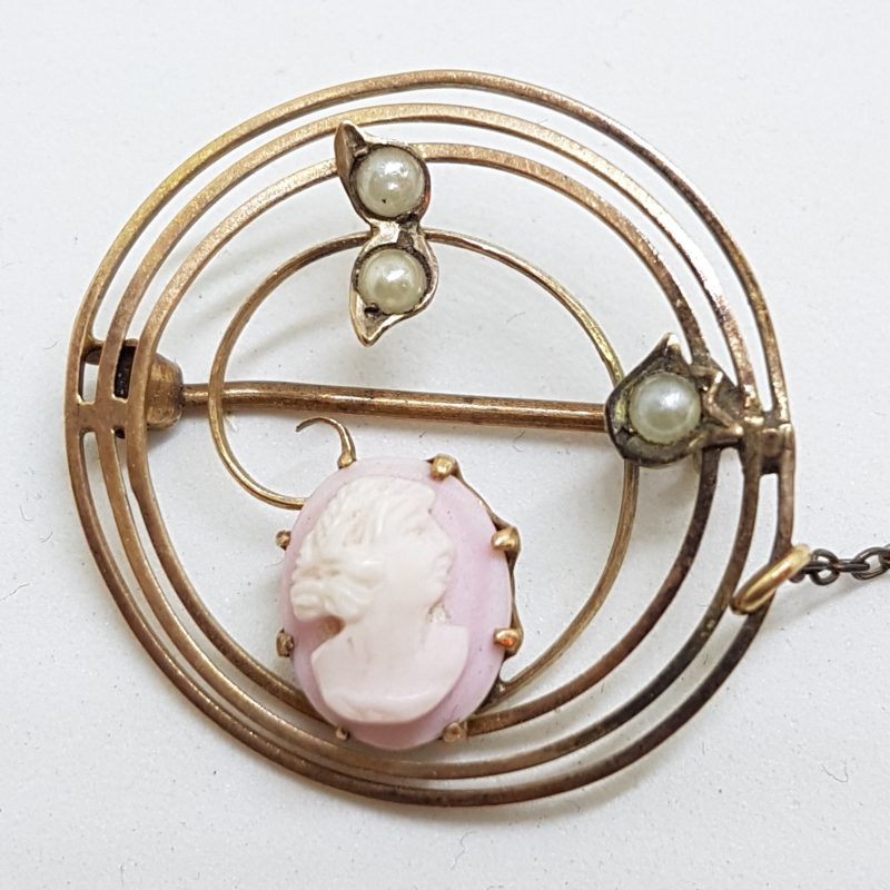 9ct Rose Gold Round Pink Cameo &amp; Seed Pearl Brooch - Antique / Vintage
