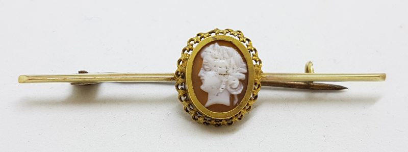 9ct Yellow Gold Oval Cameo Lady Head Bar Brooch - Antique / Vintage