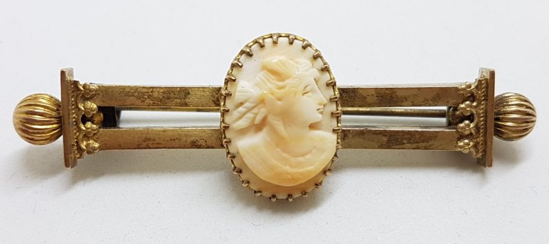 15ct Yellow Gold Oval Cameo Lady Head Bar Brooch - Antique / Vintage