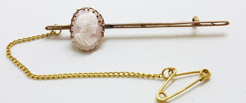 15ct Yellow Gold Oval Cameo Lady Head Bar Brooch - Antique / Vintage