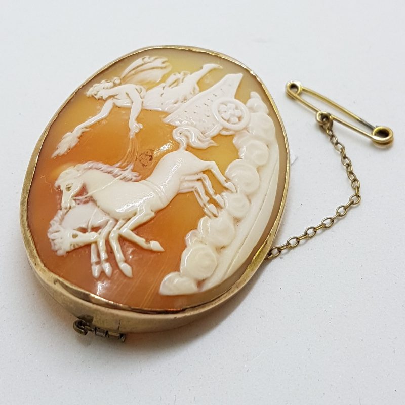 9ct Yellow Gold Large Oval Ornate Chariot Cameo Brooch - Goddess Nike - Antique / Vintage