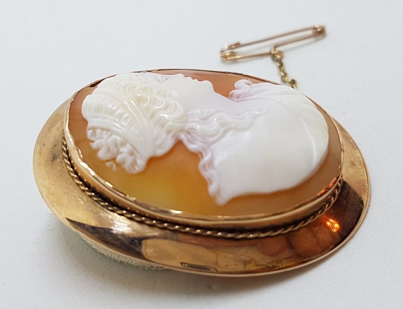 9ct Rose Gold Large Oval Cameo Lady Brooch - Antique / Vintage