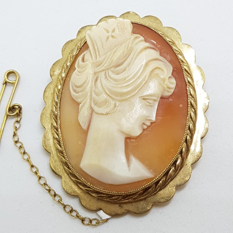 9ct Yellow Gold Oval Lady Cameo Brooch - Antique / Vintage