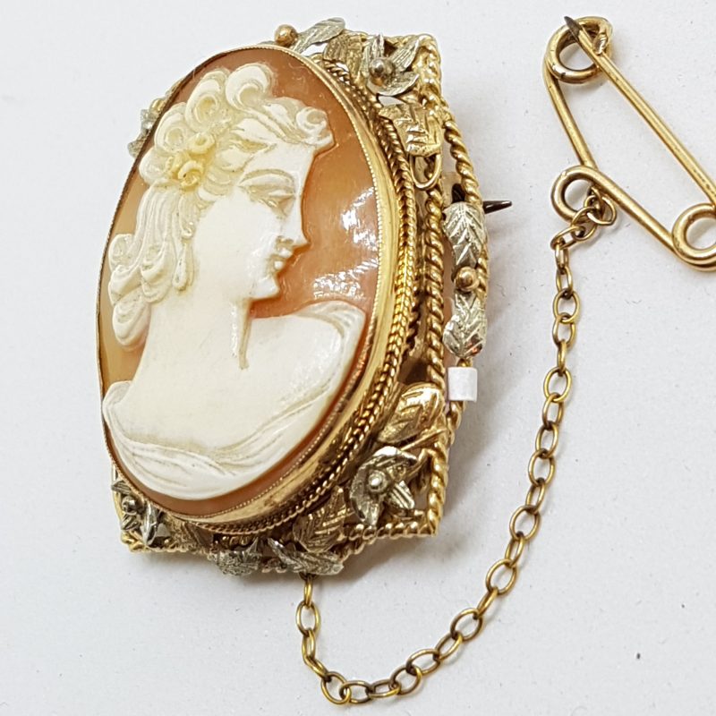 9ct Yellow Gold &amp; White Gold Rectangular Set Large Oval Lady Cameo Brooch - Ornate Leaf Motif - Antique / Vintage